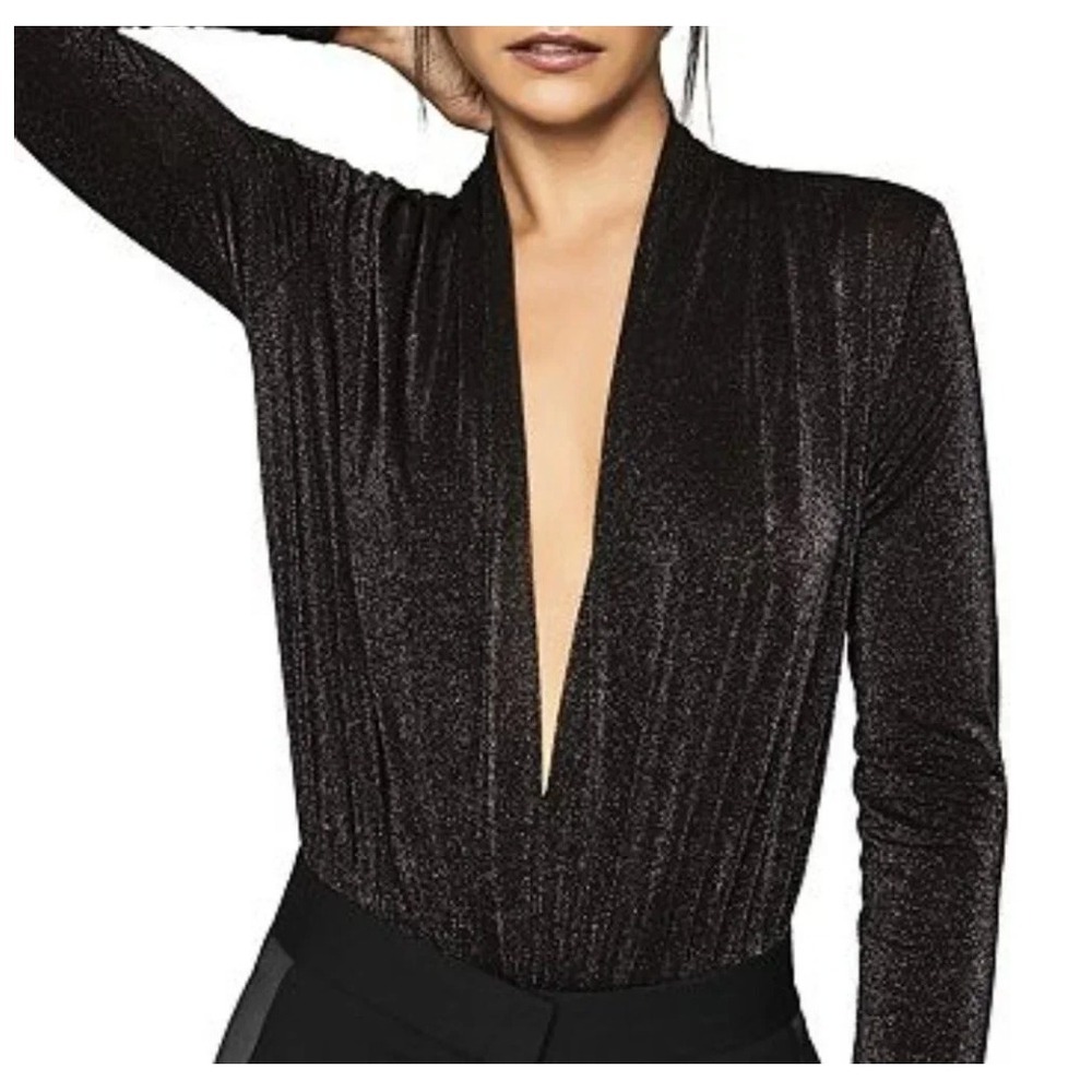 REISS Rosalba Black Metallic Plunging V-Neck Long Sleeve Bodysuit Size Medium